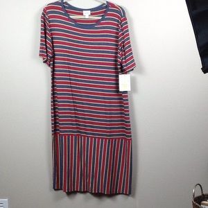 LuLaRoe Navy, Red, Cream & Yellow Striped Shift Dress